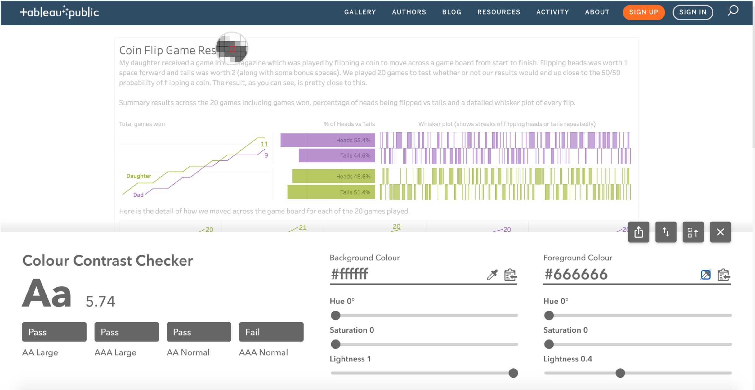 The user is using a kind of selection tool to hover over an area of the visualization, in this case the title, and check font color contrast against its background. The tool pulls up details along the bottom of the page, including WCAG pass/fail test results, background and foreground color hex codes, and other color characteristics.