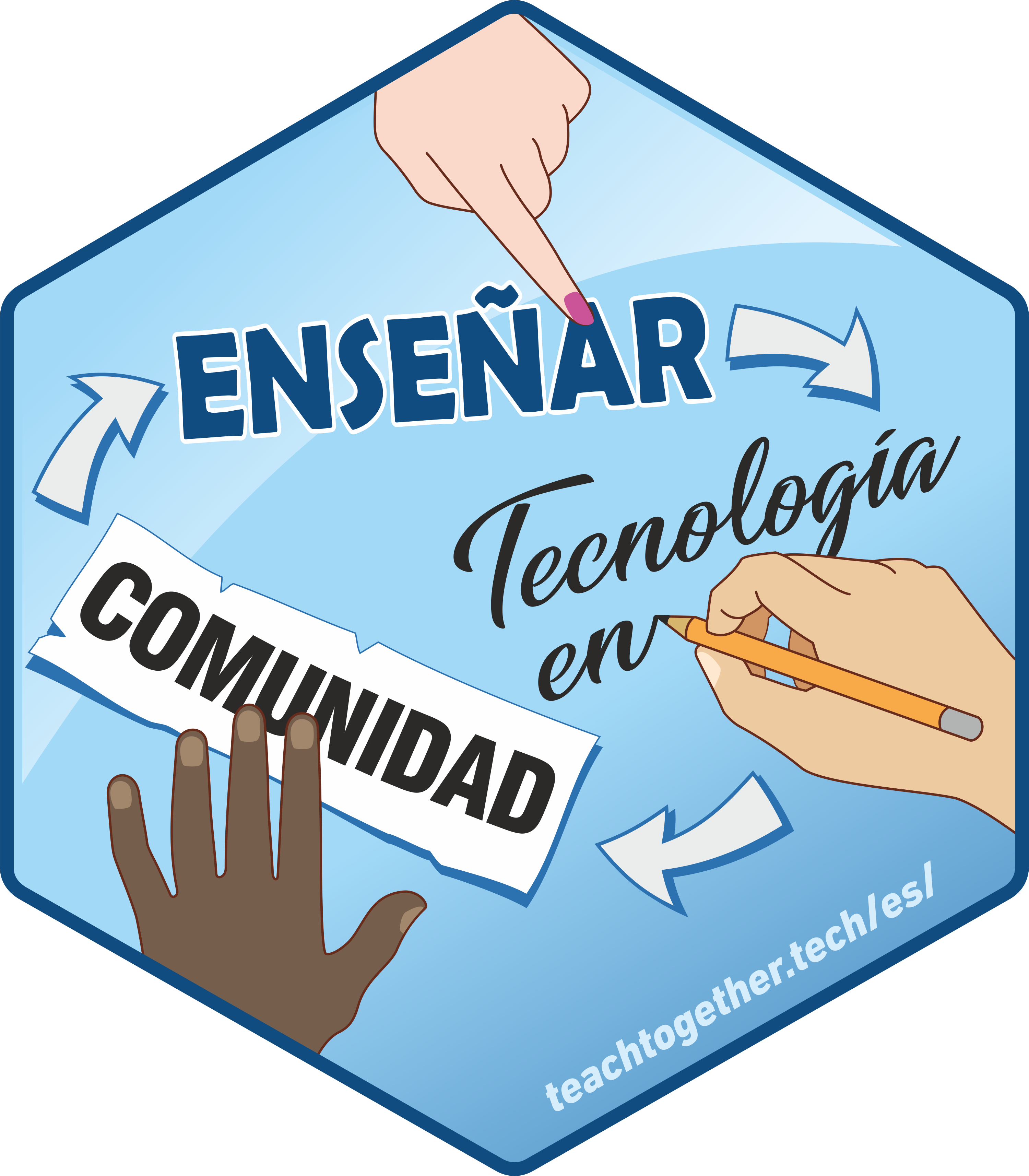 Etiqueta hexagonal ("hex sticker") para el proyecto titulado "Enseñar Tecnología en Comunidad." Las palabras parecen parte de un mapa conceptual y hay manos diferentes apuntando hacia ellas.